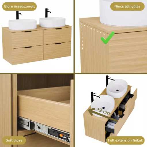 HD Salerno Hickory 120 komplett fürdőszoba bútor szett fali mosdószekrénnyel, matt fekete fogantyúval, hikoridió színű mosdópulttal, tükörrel és magas szekrénnyel