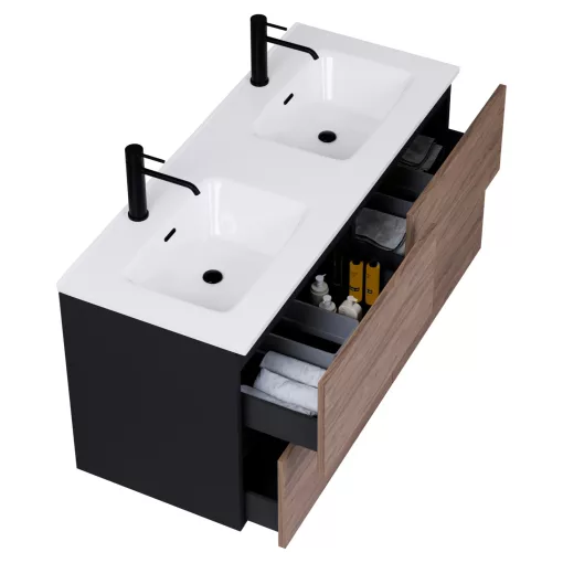 HD Aria Pro Black-Oak 120 fali mosdószekrény, push-to-open mechanizmussal, fényes fehér slim mosdóval