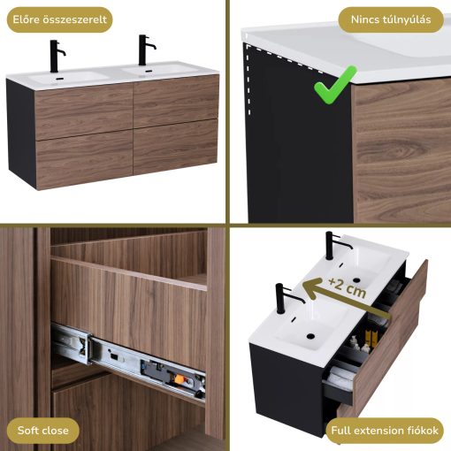 HD Aria Pro Black-Oak 120 fali mosdószekrény, push-to-open mechanizmussal, fényes fehér slim mosdóval