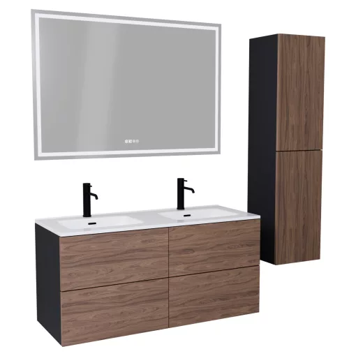 HD Aria Pro Black-Oak 120 komplett fürdőszoba bútor szett fali push-to-open mosdószekrénnyel, fényes fehér slim mosdóval, tükörrel és magasszekrénnyel