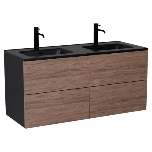 HD Aria Pro Black-Oak 120 fali mosdószekrény, push-to-open mechanizmussal, matt fekete slim mosdóval