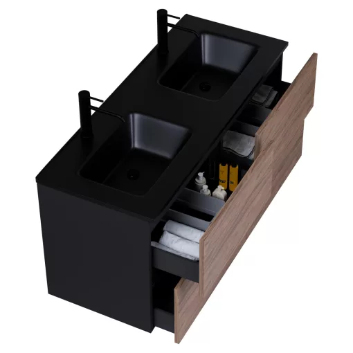 HD Aria Pro Black-Oak 120 fali mosdószekrény, push-to-open mechanizmussal, matt fekete slim mosdóval