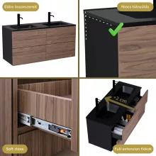 HD Aria Pro Black-Oak 120 fali mosdószekrény, push-to-open mechanizmussal, matt fekete slim mosdóval