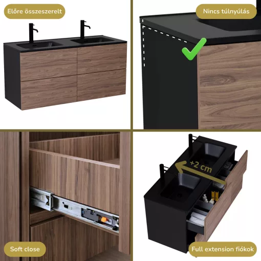 HD Aria Pro Black-Oak 120 fali mosdószekrény, push-to-open mechanizmussal, matt fekete slim mosdóval