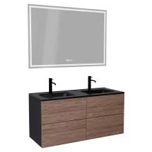 HD Aria Pro Black-Oak 120 komplett fürdőszoba bútor fali push-to-open mosdószekrénnyel, matt fekete slim mosdóval és tükörrel