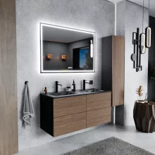 HD Aria Pro Black-Oak 120 komplett fürdőszoba bútor fali push-to-open mosdószekrénnyel, matt fekete slim mosdóval és tükörrel
