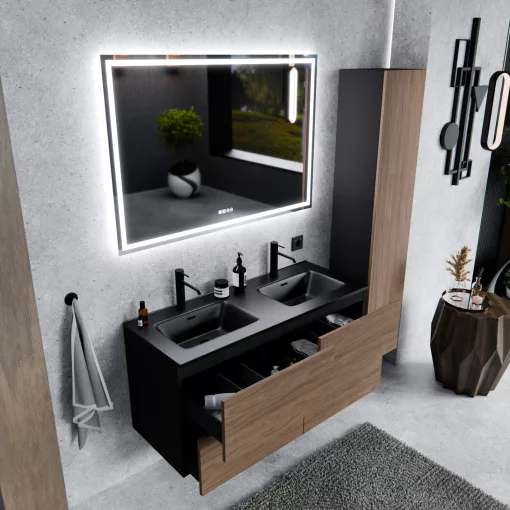 HD Aria Pro Black-Oak 120 komplett fürdőszoba bútor fali push-to-open mosdószekrénnyel, matt fekete slim mosdóval és tükörrel
