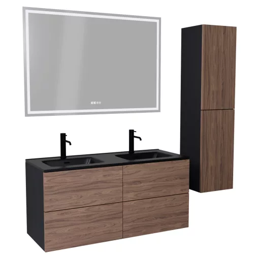 HD Aria Pro Black-Oak 120 komplett fürdőszoba bútor szett fali push-to-open mosdószekrénnyel, matt fekete slim mosdóval, tükörrel és magasszekrénnyel