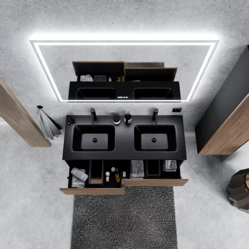 HD Aria Pro Black-Oak 120 komplett fürdőszoba bútor szett fali push-to-open mosdószekrénnyel, matt fekete slim mosdóval, tükörrel és magasszekrénnyel