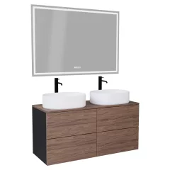   HD Zyra Pro Black-Oak 120 komplett fürdőszoba bútor fali push-to-open mosdószekrénnyel, oak mosdópulttal és tükörrel
