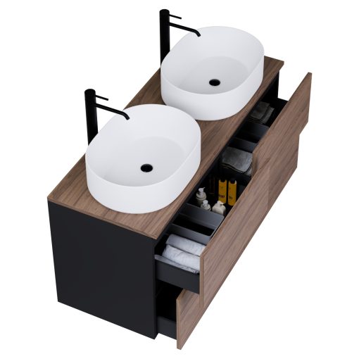 HD Zyra Pro Black-Oak 120 komplett fürdőszoba bútor fali push-to-open mosdószekrénnyel, oak mosdópulttal és tükörrel