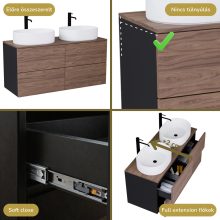 HD Zyra Pro Black-Oak 120 komplett fürdőszoba bútor fali push-to-open mosdószekrénnyel, oak mosdópulttal és tükörrel