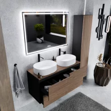 HD Zyra Pro Black-Oak 120 komplett fürdőszoba bútor fali push-to-open mosdószekrénnyel, oak mosdópulttal és tükörrel