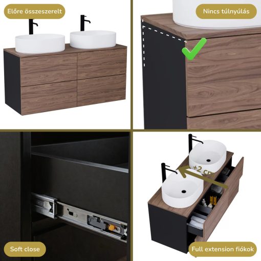 HD Zyra Pro Black-Oak 120 komplett fürdőszoba bútor fali push-to-open mosdószekrénnyel, oak mosdópulttal és tükörrel