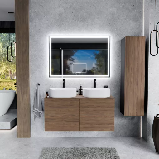HD Zyra Pro Black-Oak 120 komplett fürdőszoba bútor fali push-to-open mosdószekrénnyel, oak mosdópulttal és tükörrel