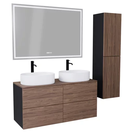 HD Zyra Pro Black-Oak 120 komplett fürdőszoba bútor szett fali push-to-open mosdószekrénnyel, oak mosdópulttal, tükörrel és magasszekrénnyel
