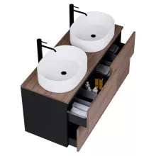 HD Zyra Pro Black-Oak 120 komplett fürdőszoba bútor szett fali push-to-open mosdószekrénnyel, oak mosdópulttal, tükörrel és magasszekrénnyel