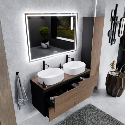 HD Zyra Pro Black-Oak 120 komplett fürdőszoba bútor szett fali push-to-open mosdószekrénnyel, oak mosdópulttal, tükörrel és magasszekrénnyel
