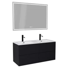 HD Aria Pro Black 120 komplett fürdőszoba bútor fali push-to-open mosdószekrénnyel, fényes fehér slim mosdóval és tükörrel