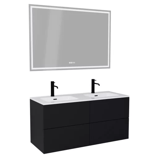HD Aria Pro Black 120 komplett fürdőszoba bútor fali push-to-open mosdószekrénnyel, fényes fehér slim mosdóval és tükörrel