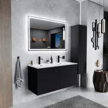 HD Aria Pro Black 120 komplett fürdőszoba bútor fali push-to-open mosdószekrénnyel, fényes fehér slim mosdóval és tükörrel