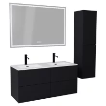 HD Aria Pro Black 120 komplett fürdőszoba bútor szett fali push-to-open mosdószekrénnyel, fényes fehér slim mosdóval, tükörrel és magasszekrénnyel