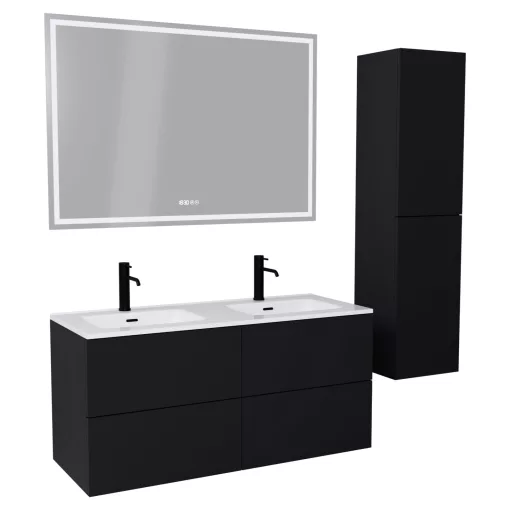 HD Aria Pro Black 120 komplett fürdőszoba bútor szett fali push-to-open mosdószekrénnyel, fényes fehér slim mosdóval, tükörrel és magasszekrénnyel