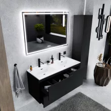 HD Aria Pro Black 120 komplett fürdőszoba bútor szett fali push-to-open mosdószekrénnyel, fényes fehér slim mosdóval, tükörrel és magasszekrénnyel