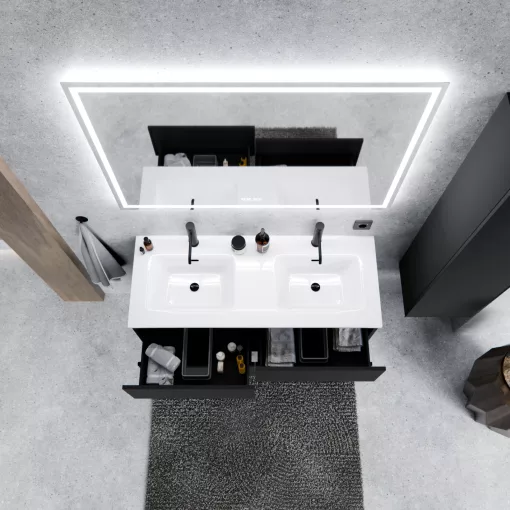 HD Aria Pro Black 120 komplett fürdőszoba bútor szett fali push-to-open mosdószekrénnyel, fényes fehér slim mosdóval, tükörrel és magasszekrénnyel