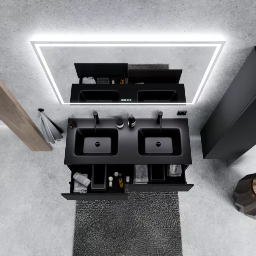 HD Aria Pro Black 120 fali mosdószekrény, push-to-open mechanizmussal, matt fekete slim mosdóval