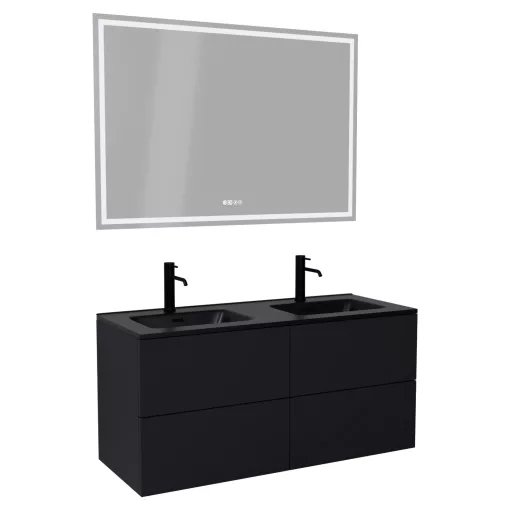 HD Aria Pro Black 120 komplett fürdőszoba bútor fali push-to-open mosdószekrénnyel, matt fekete slim mosdóval és tükörrel
