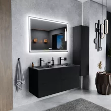 HD Aria Pro Black 120 komplett fürdőszoba bútor fali push-to-open mosdószekrénnyel, matt fekete slim mosdóval és tükörrel