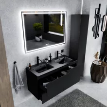 HD Aria Pro Black 120 komplett fürdőszoba bútor fali push-to-open mosdószekrénnyel, matt fekete slim mosdóval és tükörrel