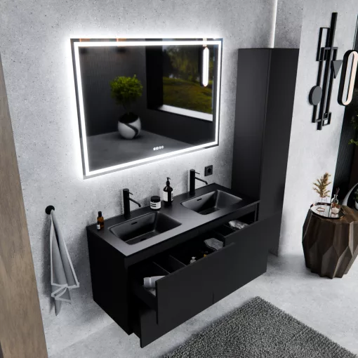 HD Aria Pro Black 120 komplett fürdőszoba bútor fali push-to-open mosdószekrénnyel, matt fekete slim mosdóval és tükörrel