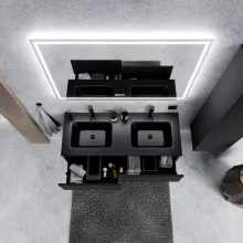 HD Aria Pro Black 120 komplett fürdőszoba bútor fali push-to-open mosdószekrénnyel, matt fekete slim mosdóval és tükörrel