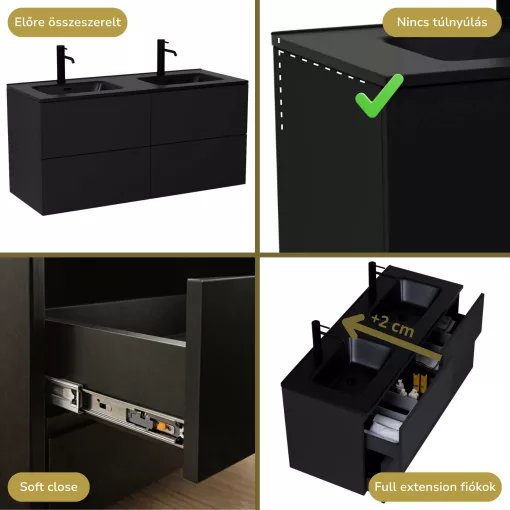 HD Aria Pro Black 120 komplett fürdőszoba bútor fali push-to-open mosdószekrénnyel, matt fekete slim mosdóval és tükörrel