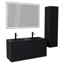 HD Aria Pro Black 120 komplett fürdőszoba bútor szett fali push-to-open mosdószekrénnyel, matt fekete slim mosdóval, tükörrel és magasszekrénnyel