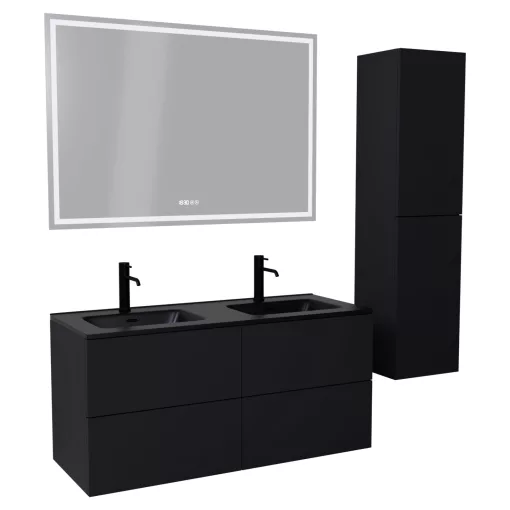 HD Aria Pro Black 120 komplett fürdőszoba bútor szett fali push-to-open mosdószekrénnyel, matt fekete slim mosdóval, tükörrel és magasszekrénnyel