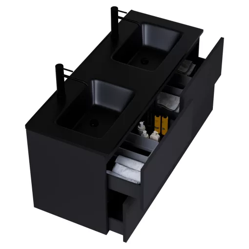 HD Aria Pro Black 120 komplett fürdőszoba bútor szett fali push-to-open mosdószekrénnyel, matt fekete slim mosdóval, tükörrel és magasszekrénnyel