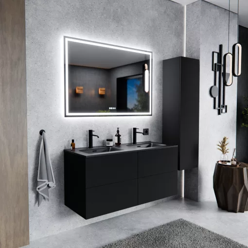 HD Aria Pro Black 120 komplett fürdőszoba bútor szett fali push-to-open mosdószekrénnyel, matt fekete slim mosdóval, tükörrel és magasszekrénnyel