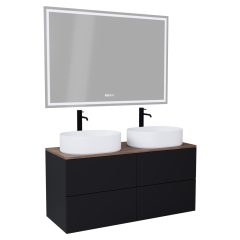   HD Zyra Pro Black 120 komplett fürdőszoba bútor fali push-to-open mosdószekrénnyel, tölgyfa színű mosdópulttal és tükörrel