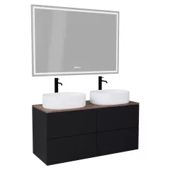   HD Zyra Pro Black 120 komplett fürdőszoba bútor fali push-to-open mosdószekrénnyel, tölgyfa színű mosdópulttal és tükörrel