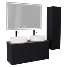 HD Zyra Pro Black 120 komplett fürdőszoba bútor szett fali push-to-open mosdószekrénnyel, tölgyfa színű mosdópulttal, tükörrel és magasszekrénnyel