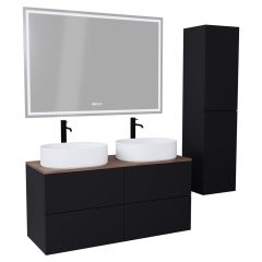   HD Zyra Pro Black 120 komplett fürdőszoba bútor szett fali push-to-open mosdószekrénnyel, tölgyfa színű mosdópulttal, tükörrel és magasszekrénnyel