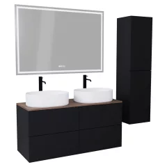   HD Zyra Pro Black 120 komplett fürdőszoba bútor szett fali push-to-open mosdószekrénnyel, tölgyfa színű mosdópulttal, tükörrel és magasszekrénnyel