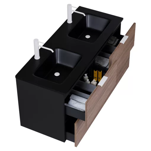 HD Palermo Black-Oak 120 fali mosdószekrény matt fehér fogantyúkkal és matt fekete slim mosdóval