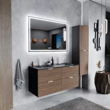 HD Palermo Black-Oak 120 fali mosdószekrény matt fehér fogantyúkkal és matt fekete slim mosdóval