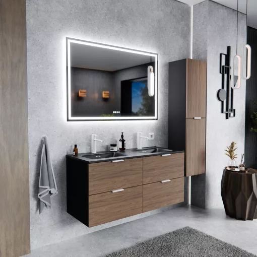 HD Palermo Black-Oak 120 fali mosdószekrény matt fehér fogantyúkkal és matt fekete slim mosdóval