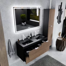 HD Palermo Black-Oak 120 fali mosdószekrény matt fehér fogantyúkkal és matt fekete slim mosdóval