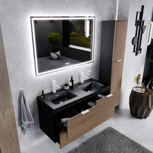 HD Palermo Black-Oak 120 fali mosdószekrény matt fehér fogantyúkkal és matt fekete slim mosdóval